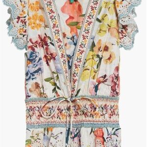 FARM Rio Greek Garden Swiss Dot Flutter Sleeve Plunge Neck Cotton Top